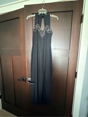 Black Halter Evening Jumpsuit with Embroidered Detail